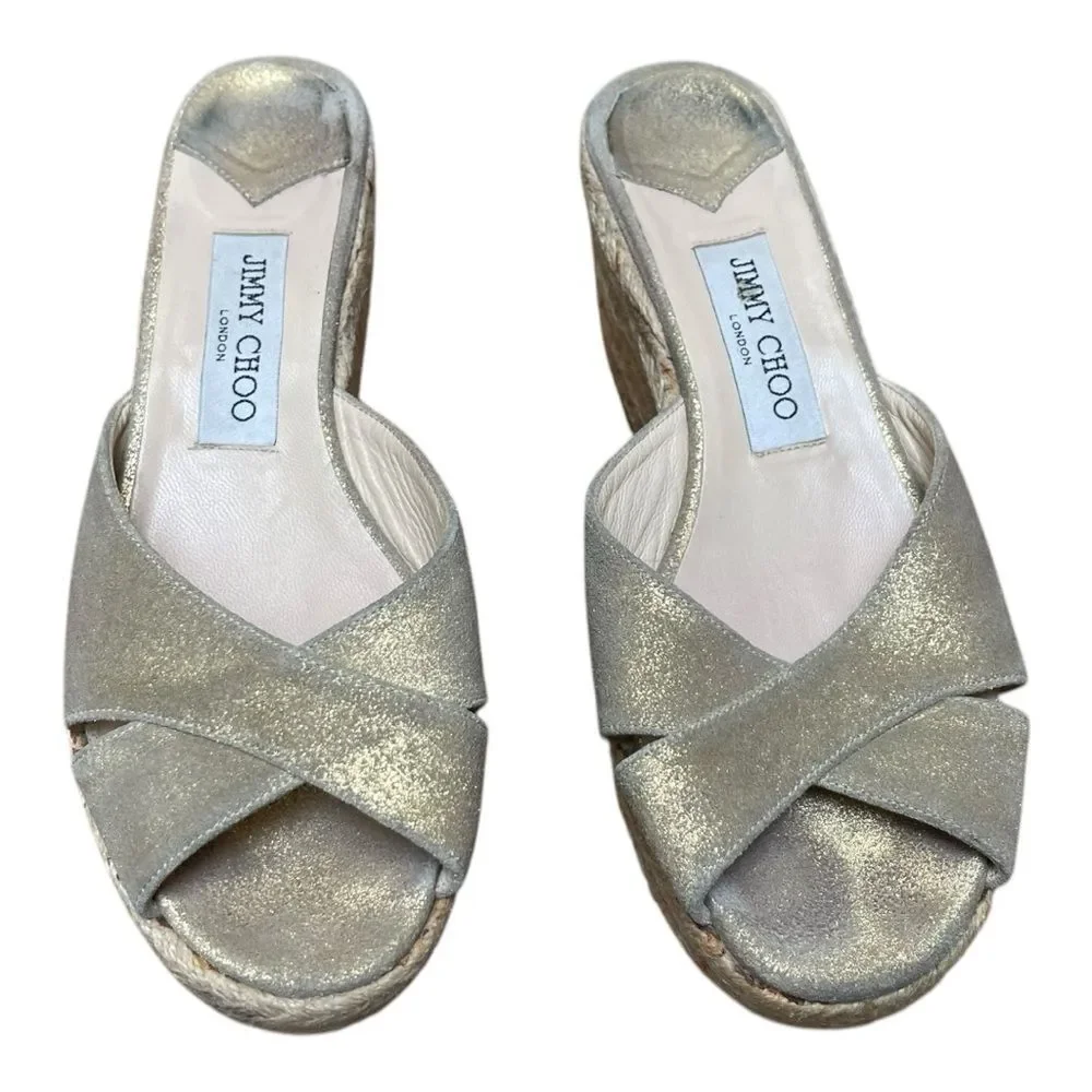 Jimmy Choo Gold Shimmer Espadrille Wedge Sandals Crisscross Women’s Size 39 8.5